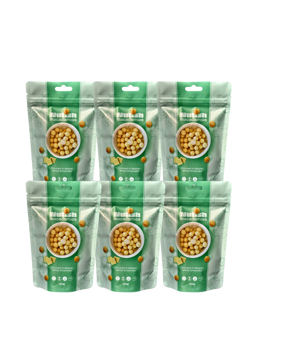 Nutish Roasted Macadamias enrobed in Belgian White Chocolate