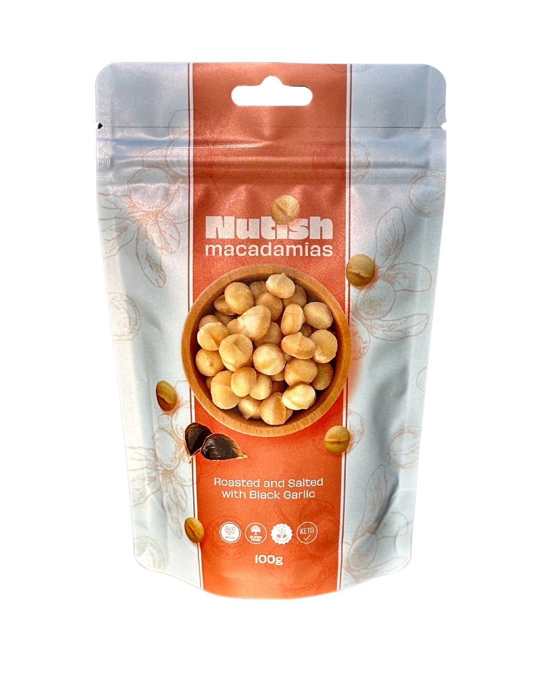 Nutish Roasted Macadamias salted with black garlic