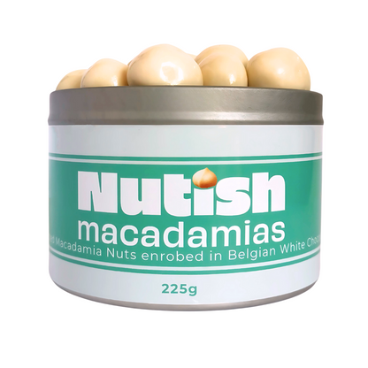 Nutish Roasted Macadamias enrobed in Belgian White Chocolate