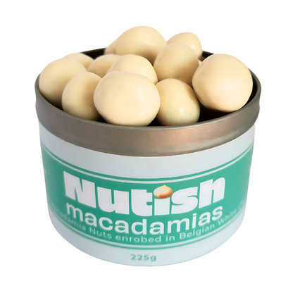 Nutish Roasted Macadamias enrobed in Belgian White Chocolate