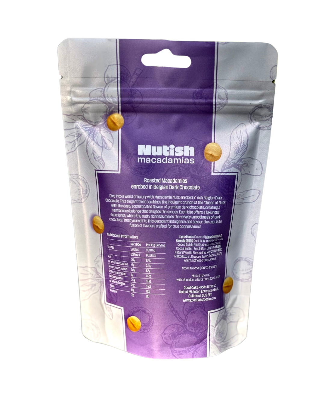 Nutish Roasted Macadamias enrobed in Belgian Dark Chocolate