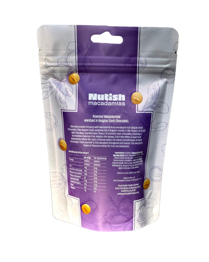 Nutish Roasted Macadamias enrobed in Belgian Dark Chocolate