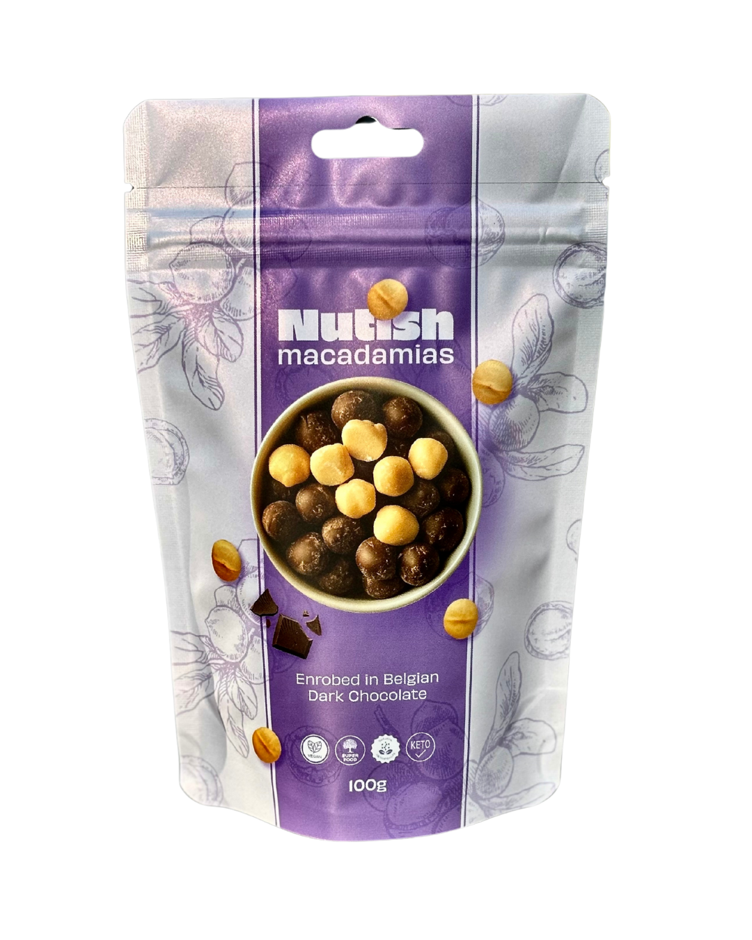 Nutish Roasted Macadamias enrobed in Belgian Dark Chocolate