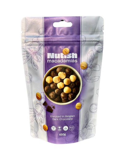 Nutish Roasted Macadamias enrobed in Belgian Dark Chocolate