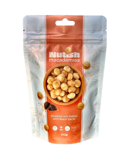 Nutish Roasted Macadamias salted with black garlic