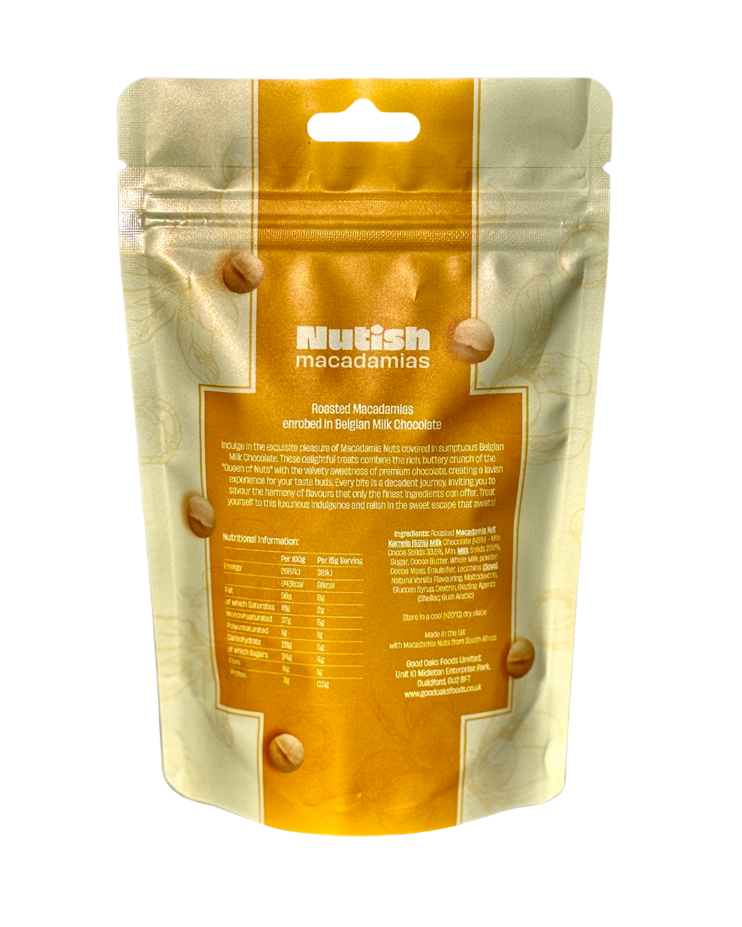 Nutish Roasted Macadamias enrobed in Belgian Milk Chocolate