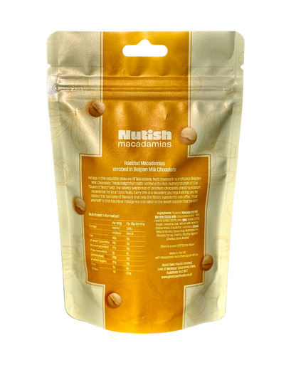 Nutish Roasted Macadamias enrobed in Belgian Milk Chocolate