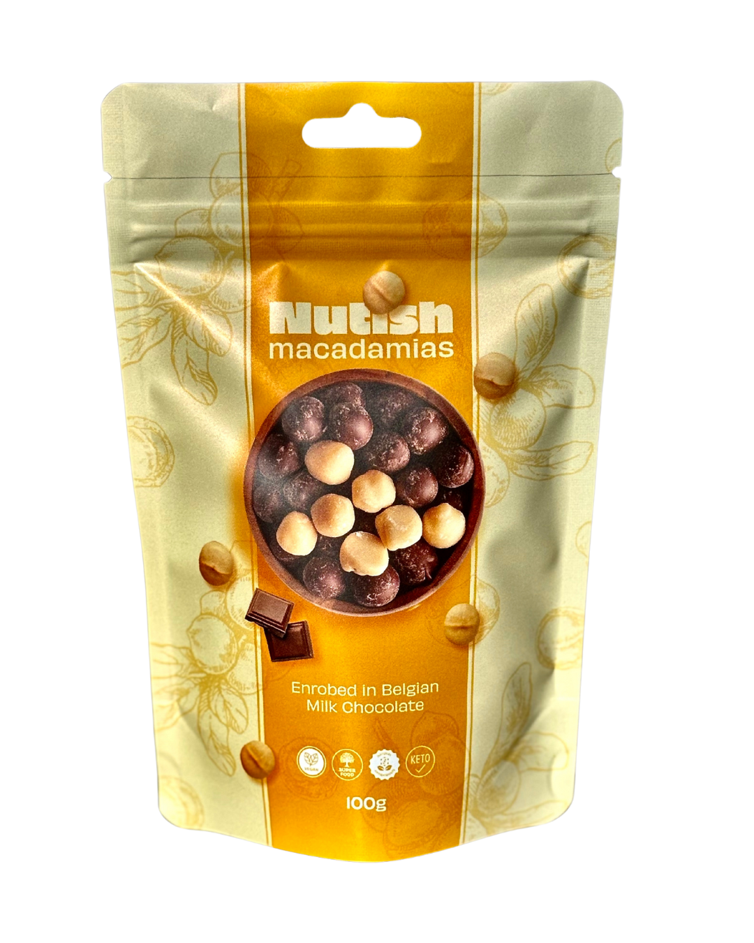 Nutish Roasted Macadamias enrobed in Belgian Milk Chocolate