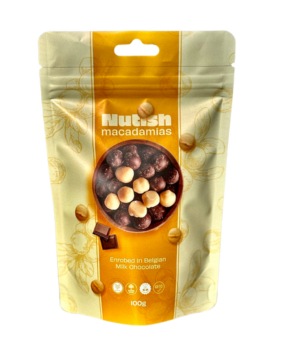 Nutish Roasted Macadamias enrobed in Belgian Milk Chocolate