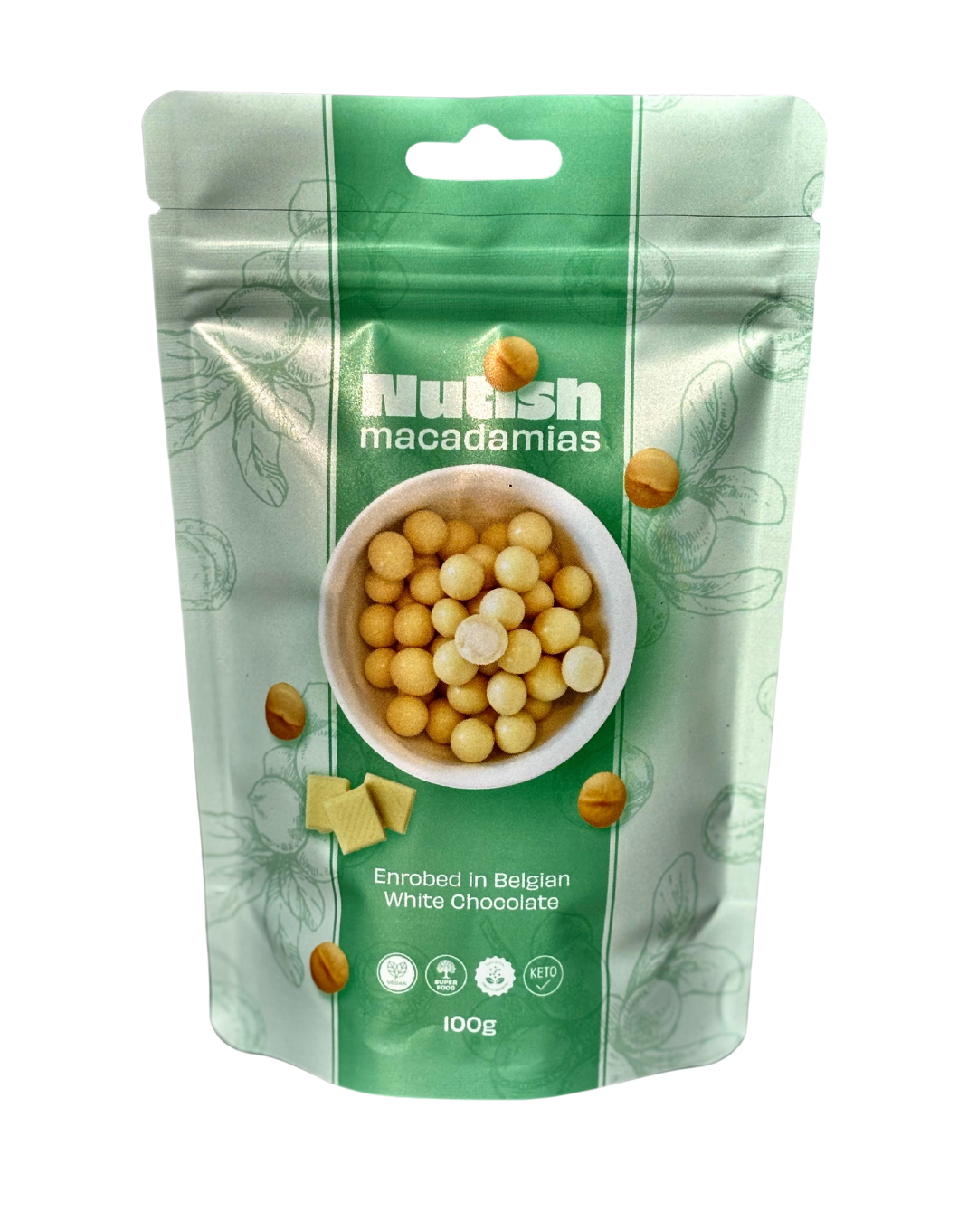 Nutish Roasted Macadamias enrobed in Belgian White Chocolate
