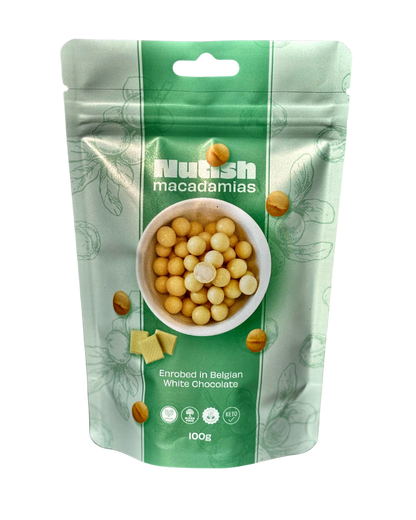 Nutish Roasted Macadamias enrobed in Belgian White Chocolate